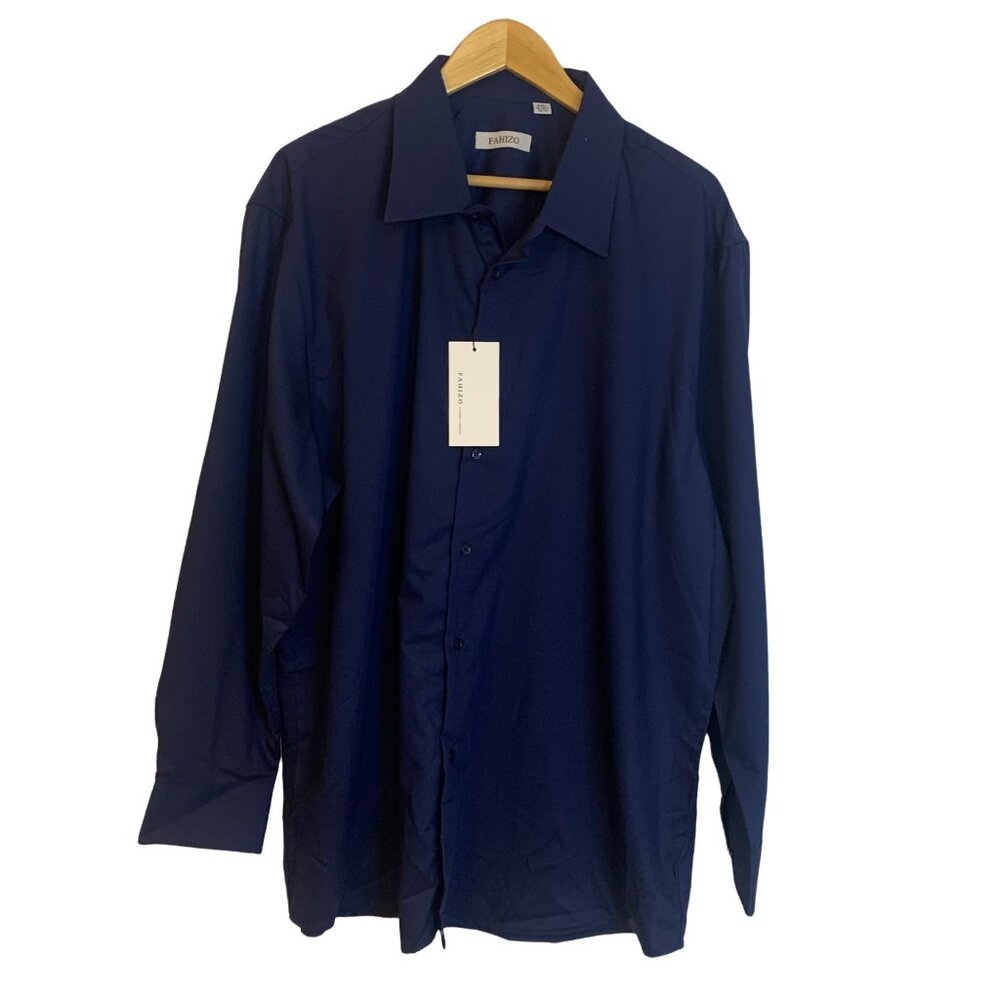 FAHIZO Men's Dress Shirt Long Sleeve Stretch Button Up Navy Blue Shirt NWT Size